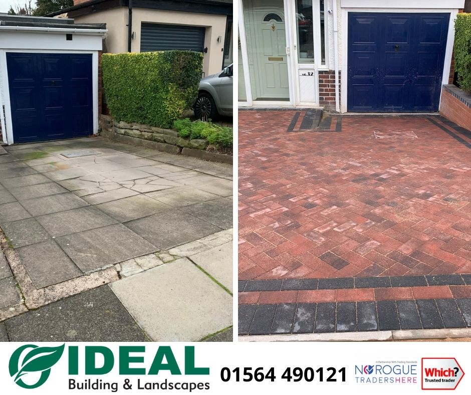 Before and after concrete slabs replaced with block paving